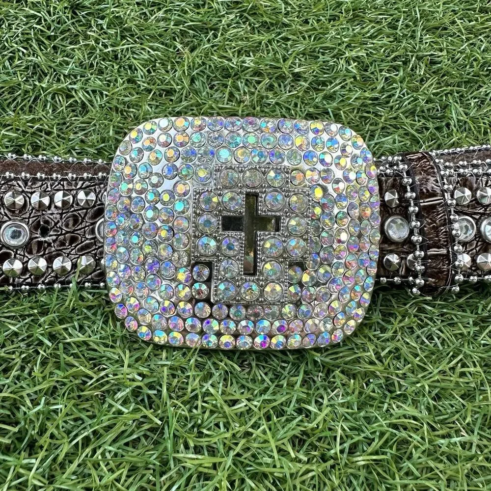Pewter Rhinestone Cross‎ Crystal Croco Leather Snap On Buckle Belt Medium